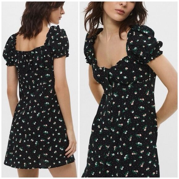 H&M Divided Floral Bustier Puff Sleeve Milkmaid Mini Dress - Picture 1 of 10
